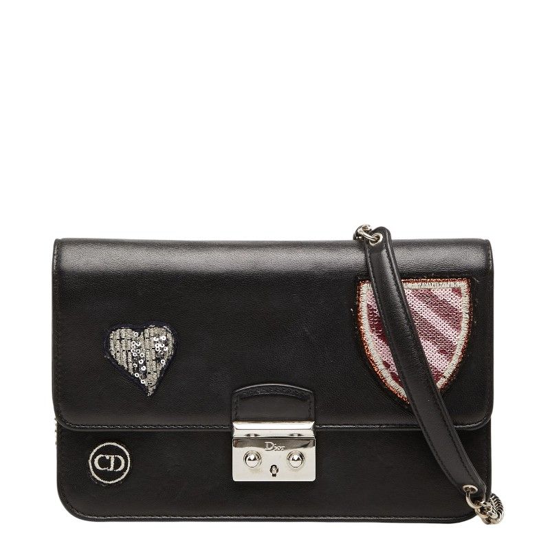 Dior Crossbody Chain Patch Shoulder Bag Black Pink Leather Sequins