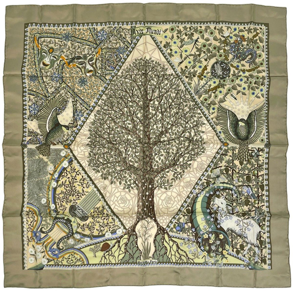 Hermes Carre 90 Axis Mundi of the World Scarf Silk Gray Multicolor