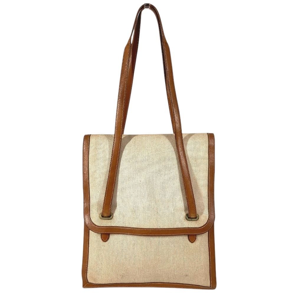 Hermes Shoulder Bag Flap Leather Canvas Beige