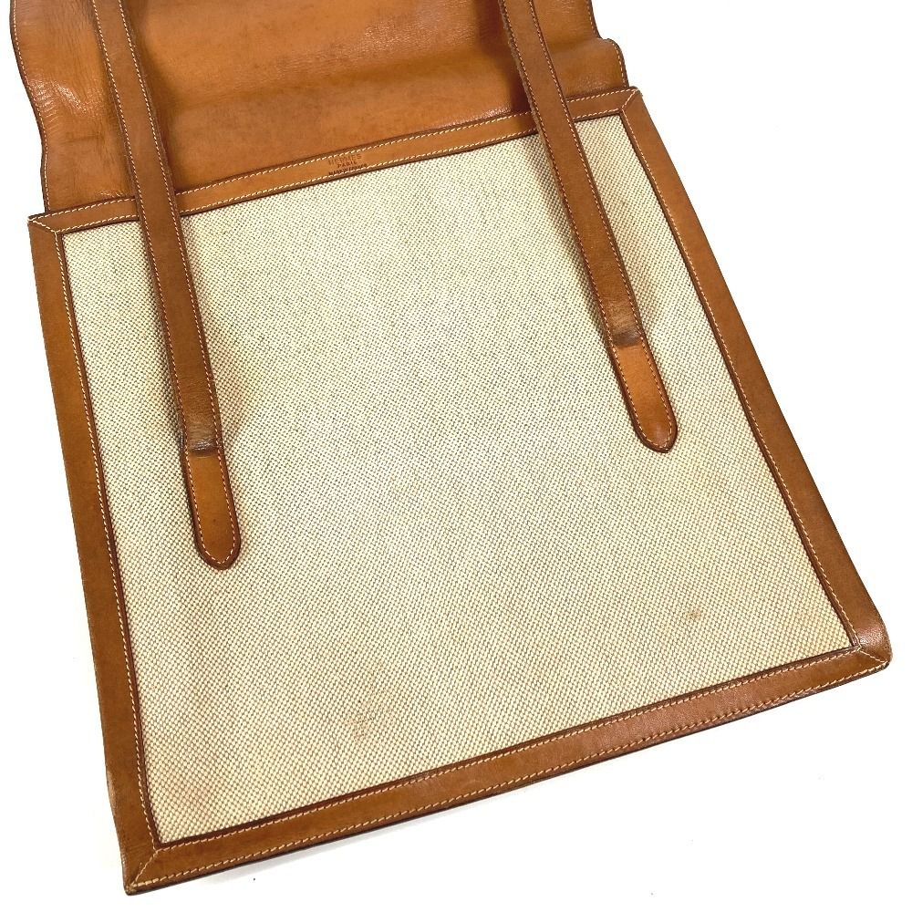 Hermes Shoulder Bag Flap Leather Canvas Beige — view 3