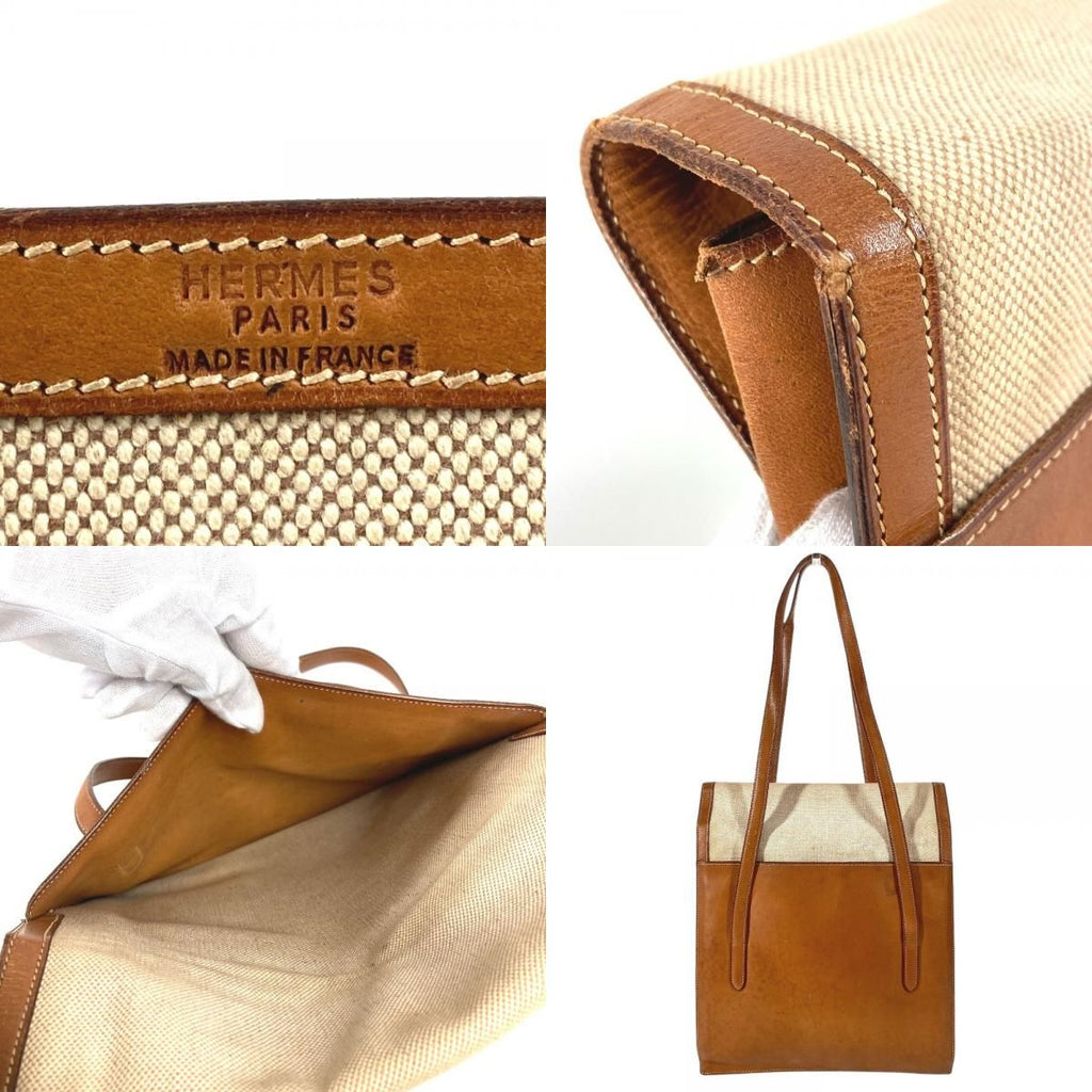 Hermes Shoulder Bag Flap Leather Canvas Beige — view 7