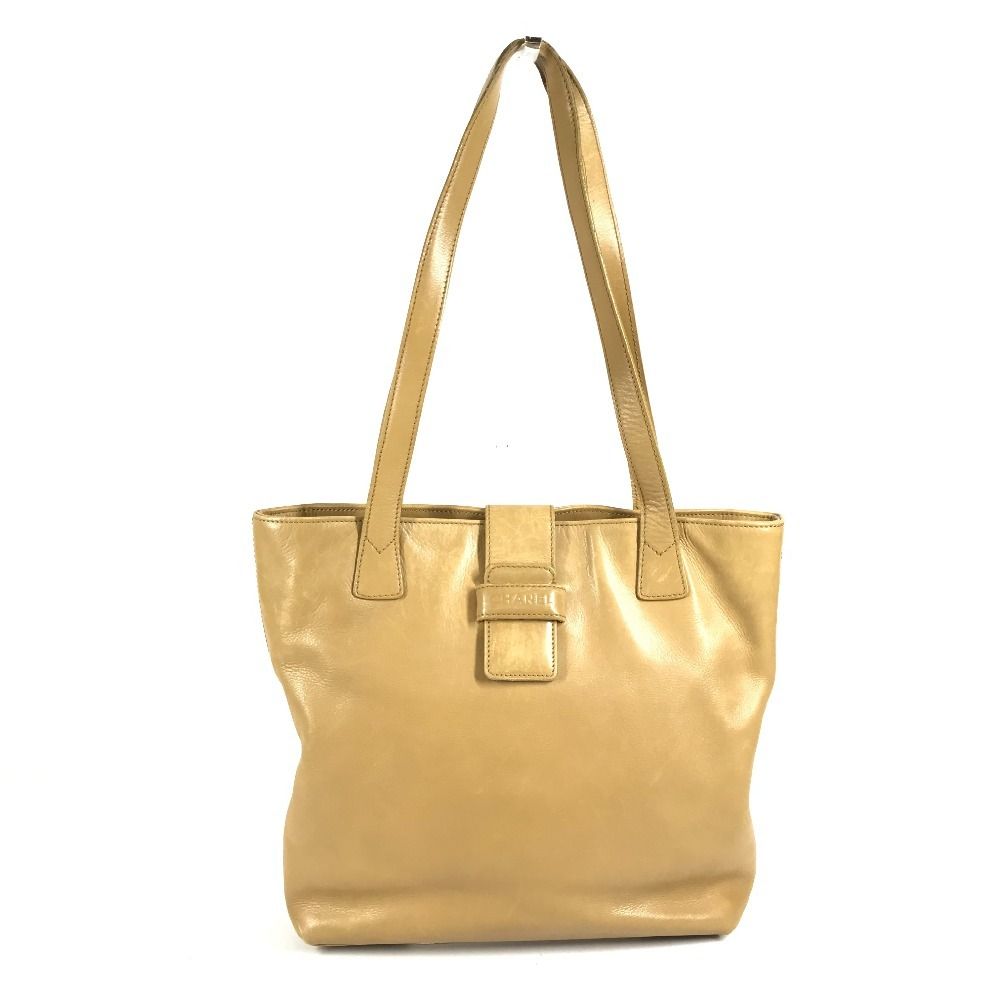 Chanel Shoulder Bag Logo Leather Beige