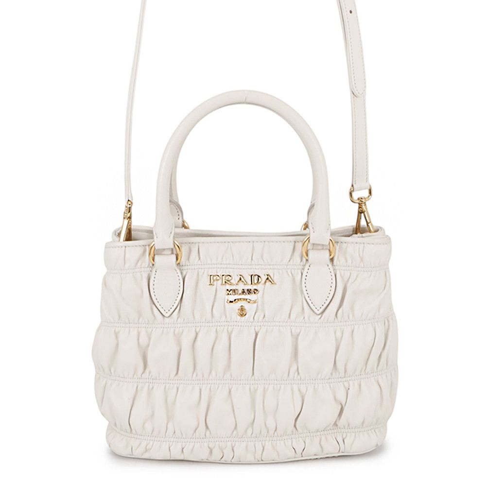 Prada Gathered Logo Leather 2-Way Shoulder Bag White