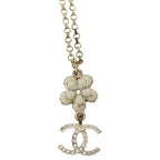 Chanel CC Logo Rhinestone Flower Metal Strass Pearl Chain Necklace Gold — view 3