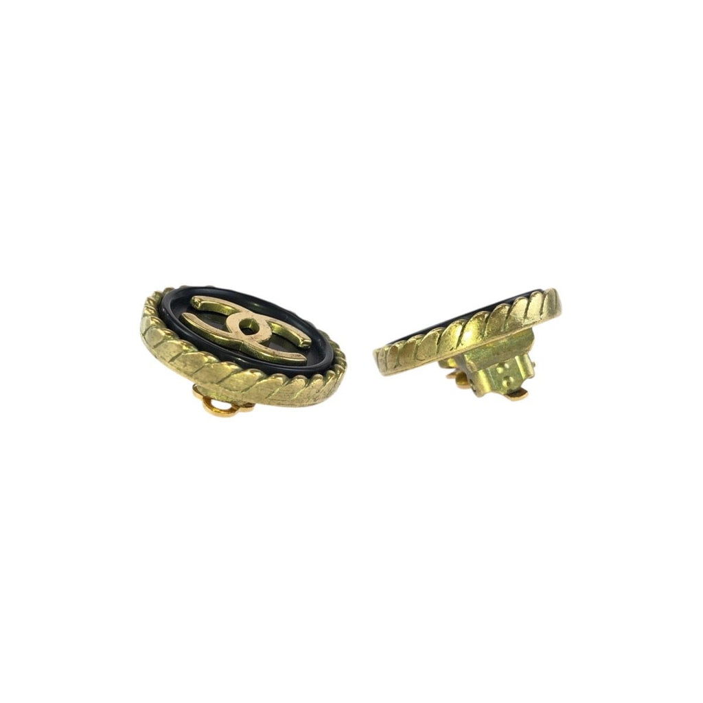 Chanel Vintage CC Logo Black Gold Plated Earrings 94 — view 3