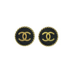 Chanel Vintage CC Logo Black Gold Plated Earrings 94