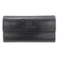 Chanel Wallet Leather Black Silver Flap Logo Simple