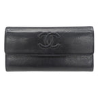 Chanel Wallet Leather Black Silver Flap Logo Simple