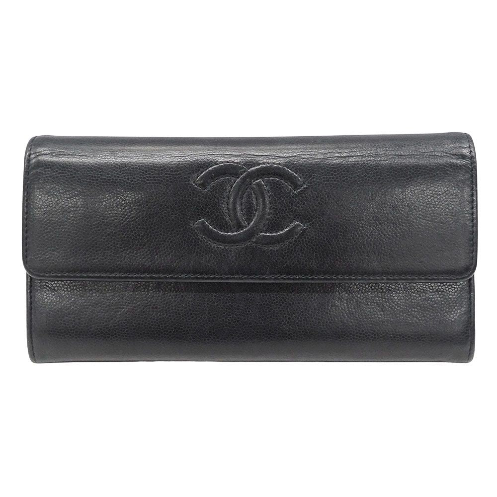Chanel Wallet Leather Black Silver Flap Logo Simple