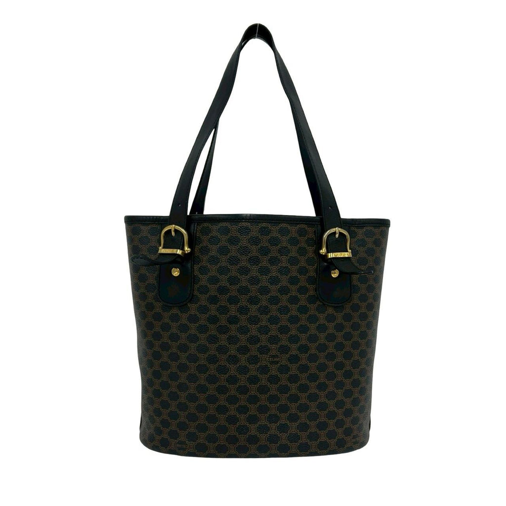 Celine Magaddam Blason Triomphe Pattern Logo Leather Tote Brown Black — view 3