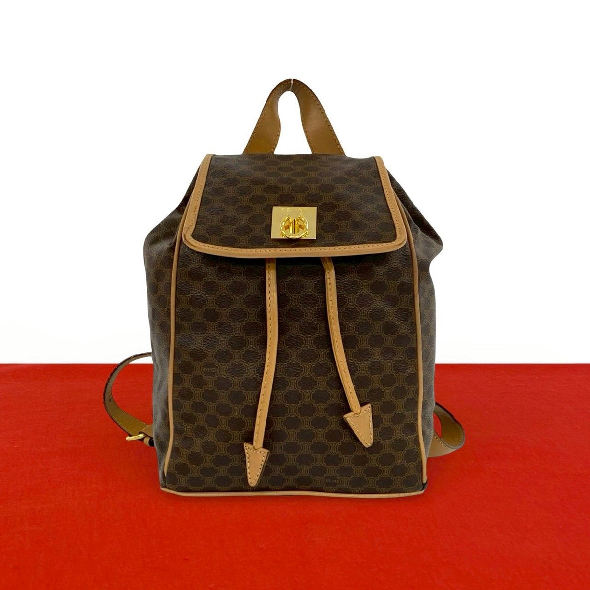 Celine Vintage Macadam Blason Triomphe Pattern Logo Ring Leather Backpack Brown