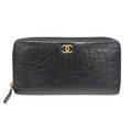 Chanel Wallet Camellia Lambskin Black Gold Zip Around Floral Pattern