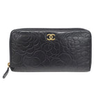 Chanel Wallet Camellia Lambskin Black Gold Zip Around Floral Pattern