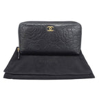 Chanel Wallet Camellia Lambskin Black Gold Zip Around Floral Pattern — view 5