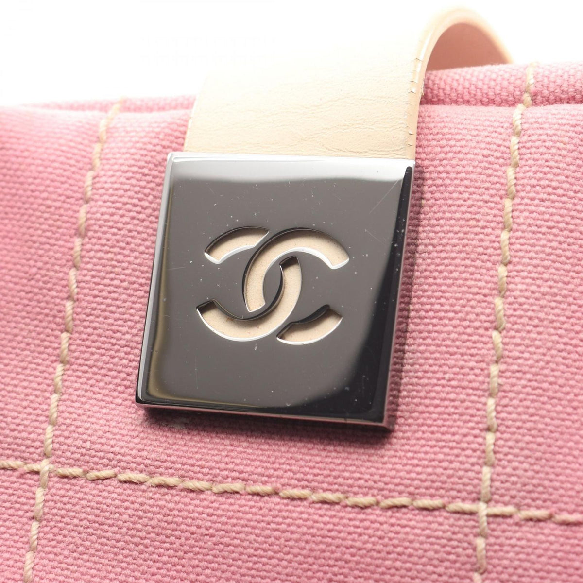 Chanel Choco Bar Camellia Pink Canvas Leather Bar Boston Bag — view 8
