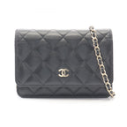Chanel Shoulder Bag Quilted Mini Black Caviar Leather Chain Wallet