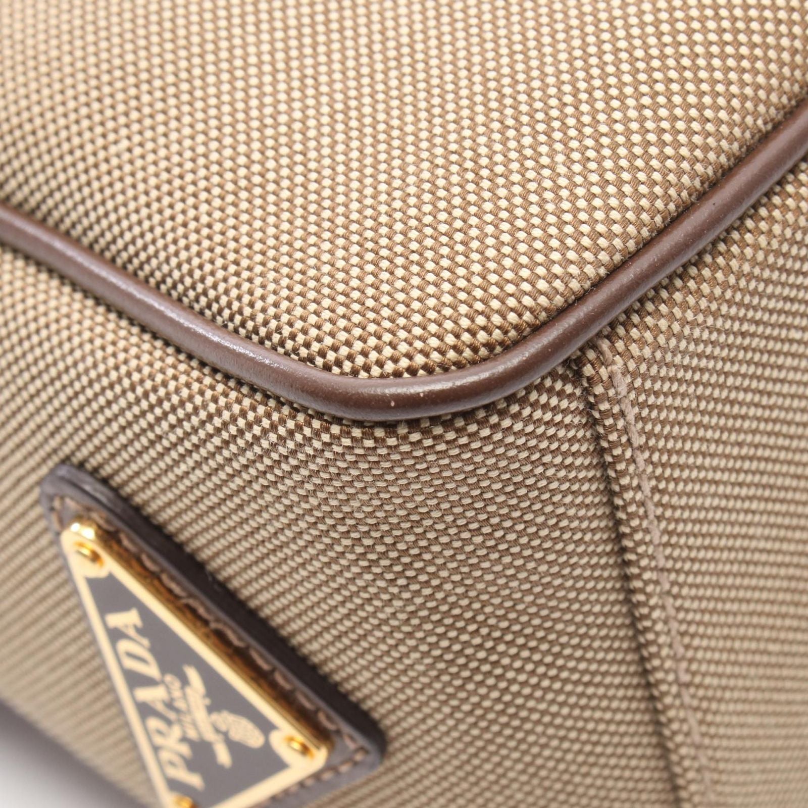 Prada Shoulder Bag Logo Jacquard Beige Brown Canvas Leather — view 7