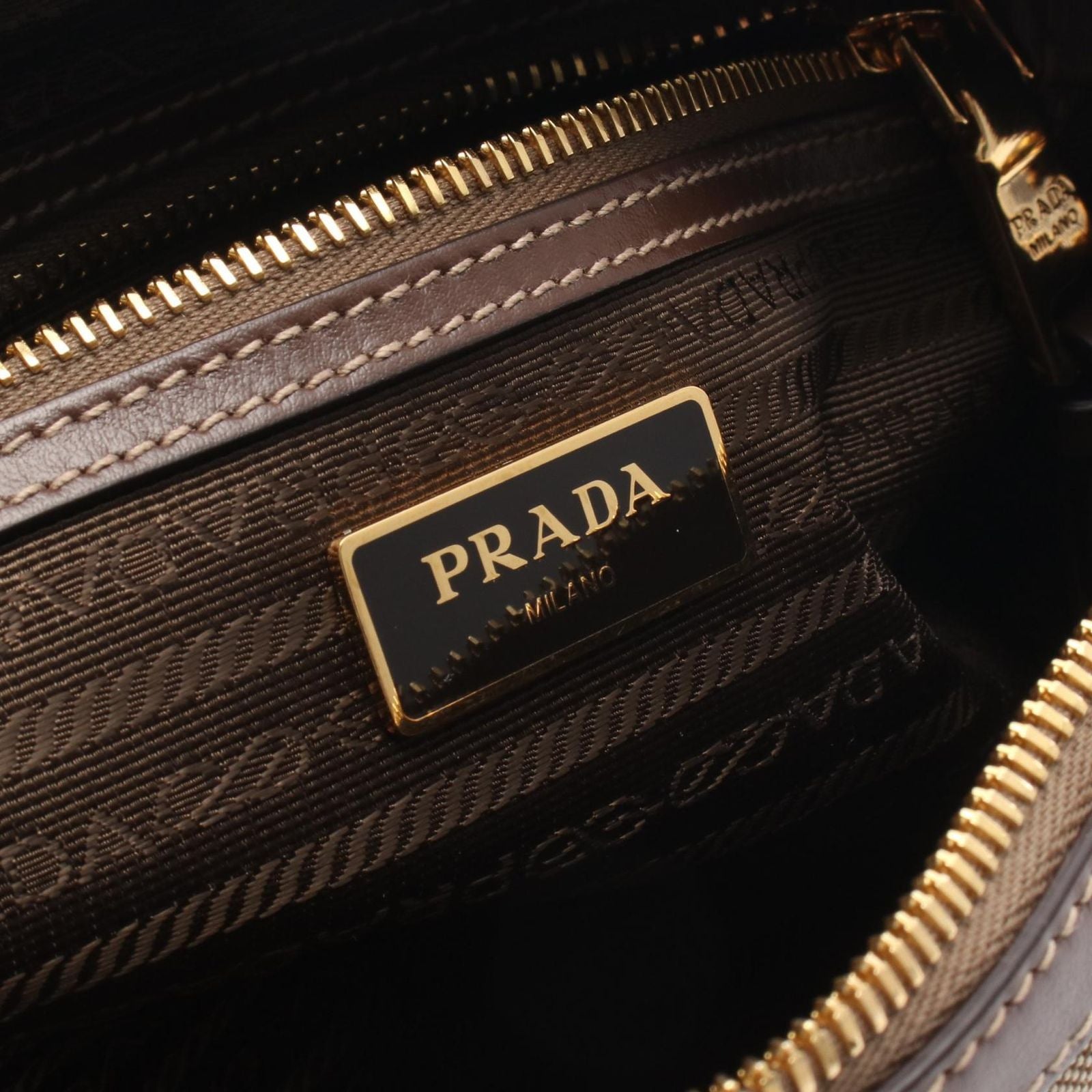 Prada Shoulder Bag Logo Jacquard Beige Brown Canvas Leather — view 4