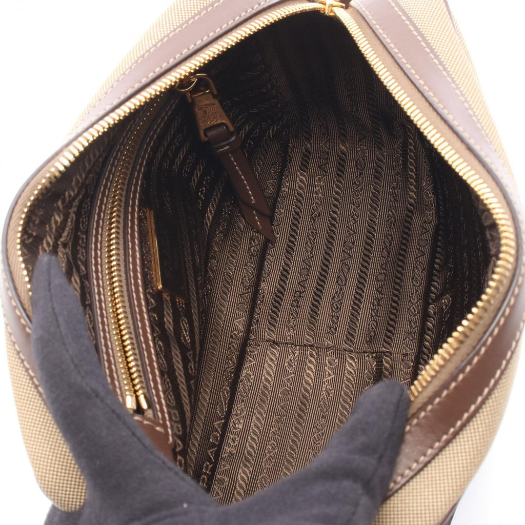 Prada Shoulder Bag Logo Jacquard Beige Brown Canvas Leather — view 3