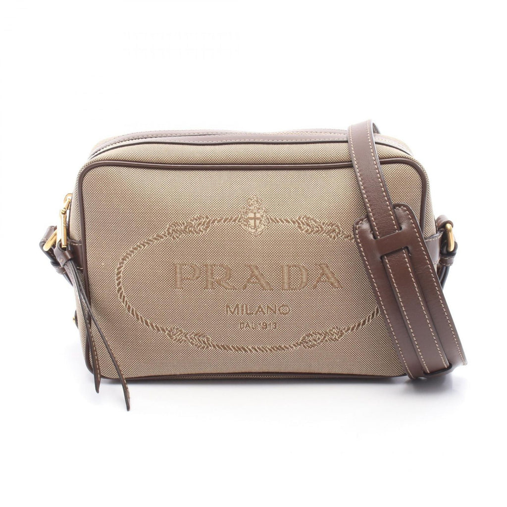 Prada Shoulder Bag Logo Jacquard Beige Brown Canvas Leather