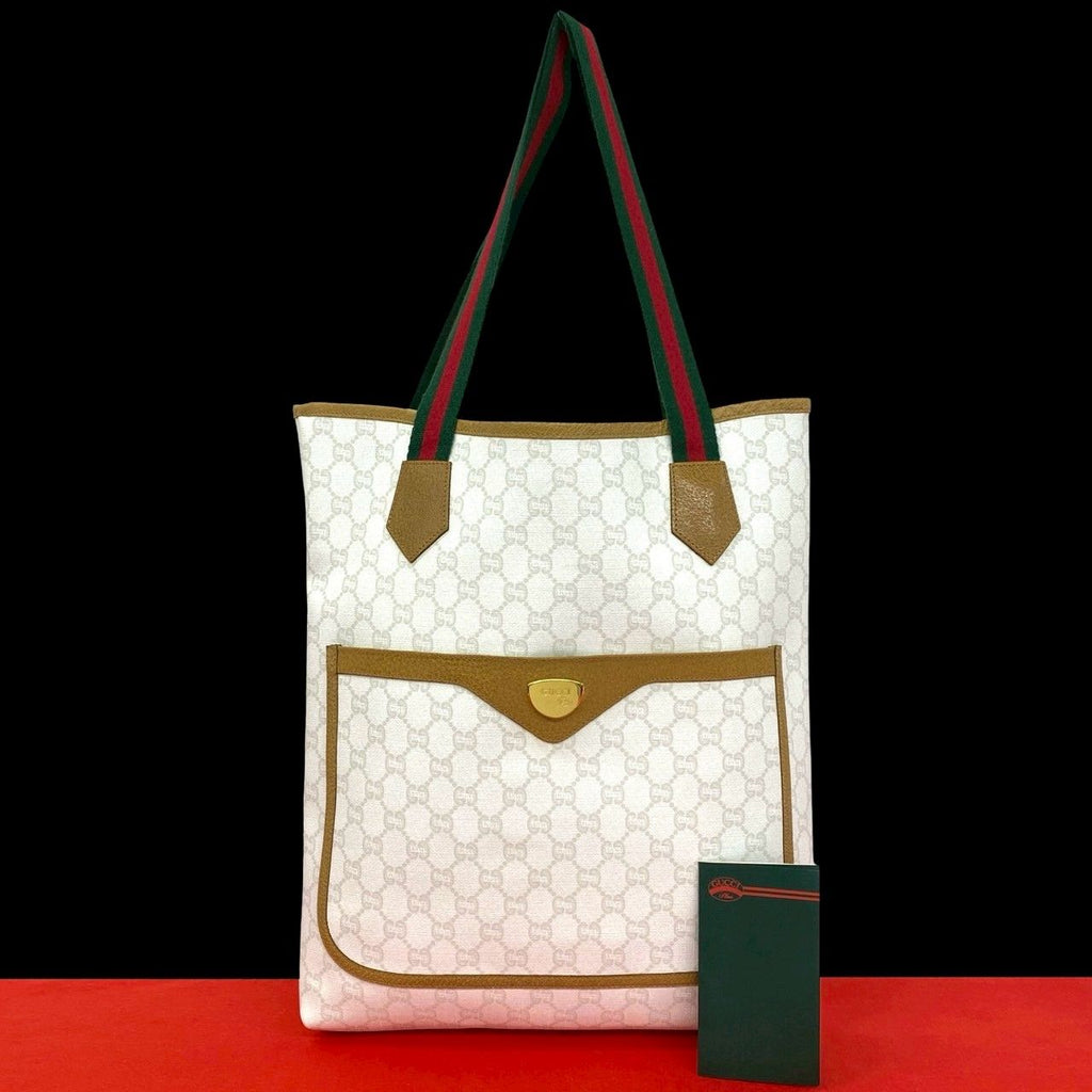 Gucci Vintage Sherry Line Plus Logo Leather Tote White