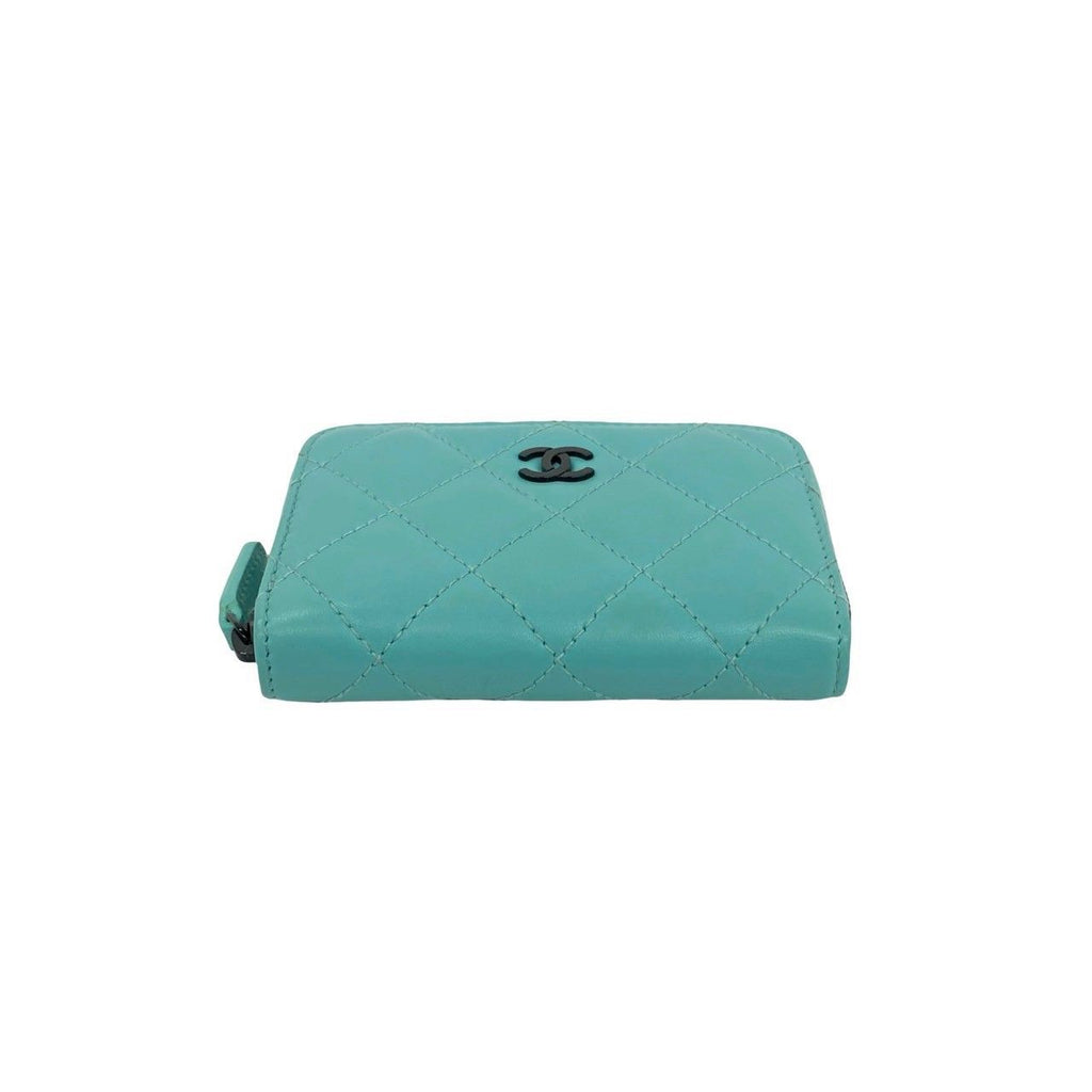 Chanel Quilted CC Logo Lambskin Leather Round Zip Coin Case Light Green — view 6