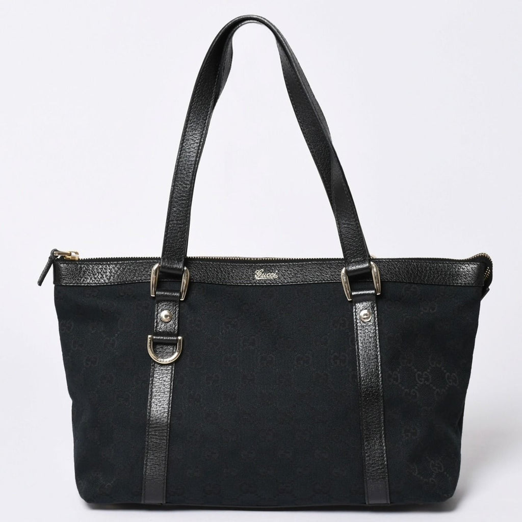 Gucci Abbey Line GG Canvas Tote Black Handbag D Ring Leather Gold