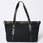 Gucci Abbey Line GG Canvas Tote Black Handbag D Ring Leather Gold