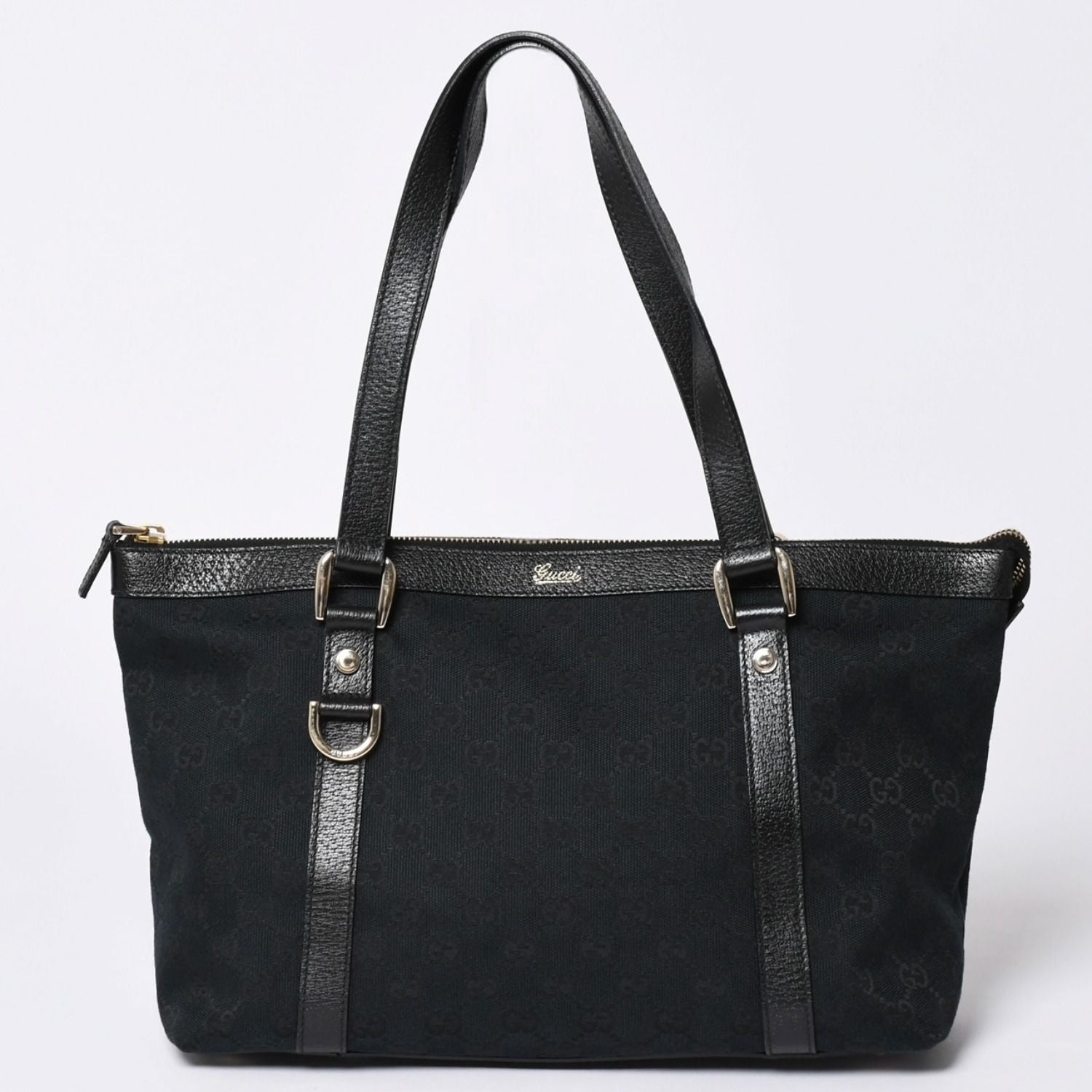 Gucci Abbey Line GG Canvas Tote Black Handbag D Ring Leather Gold