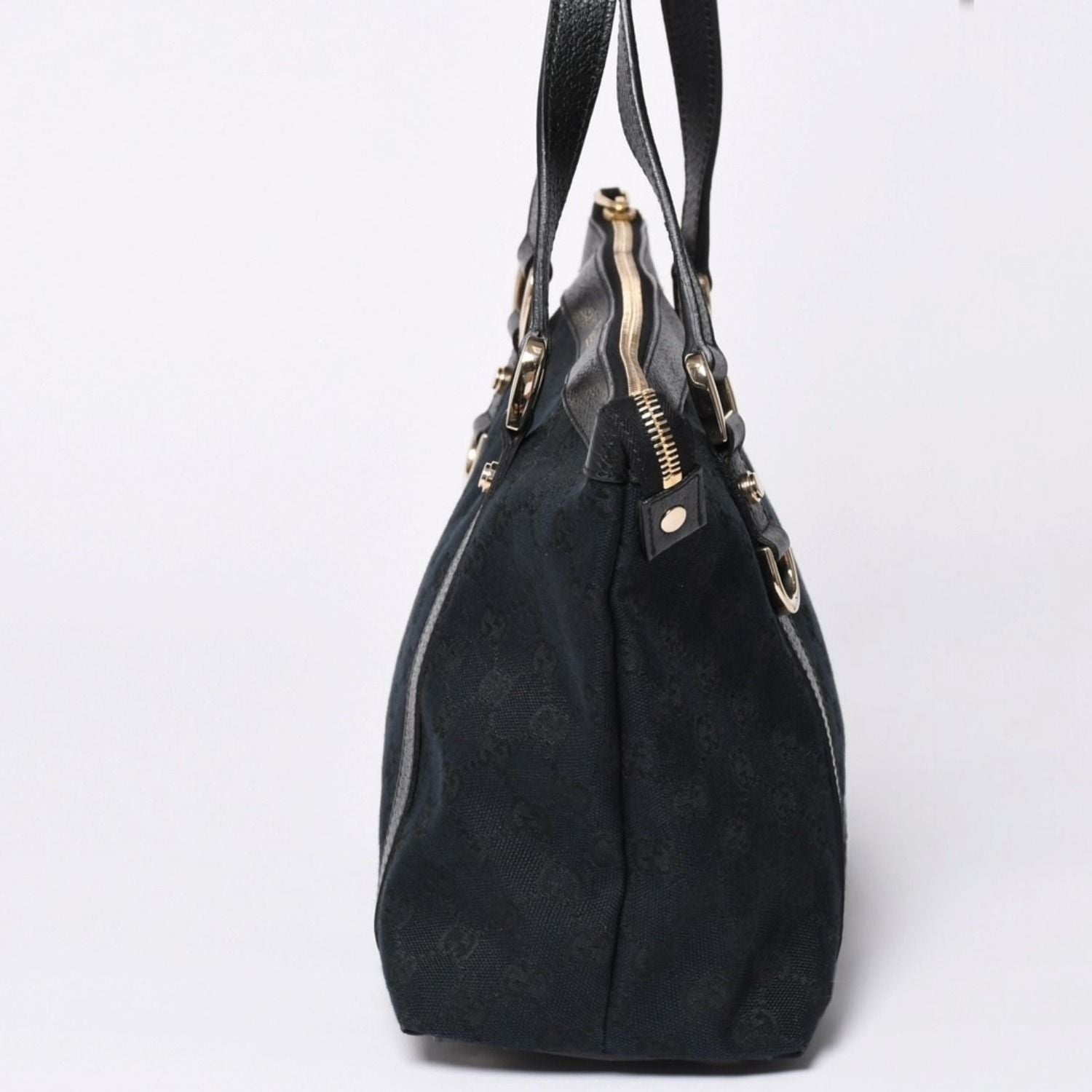 Gucci Abbey Line GG Canvas Tote Black Handbag D Ring Leather Gold — view 4