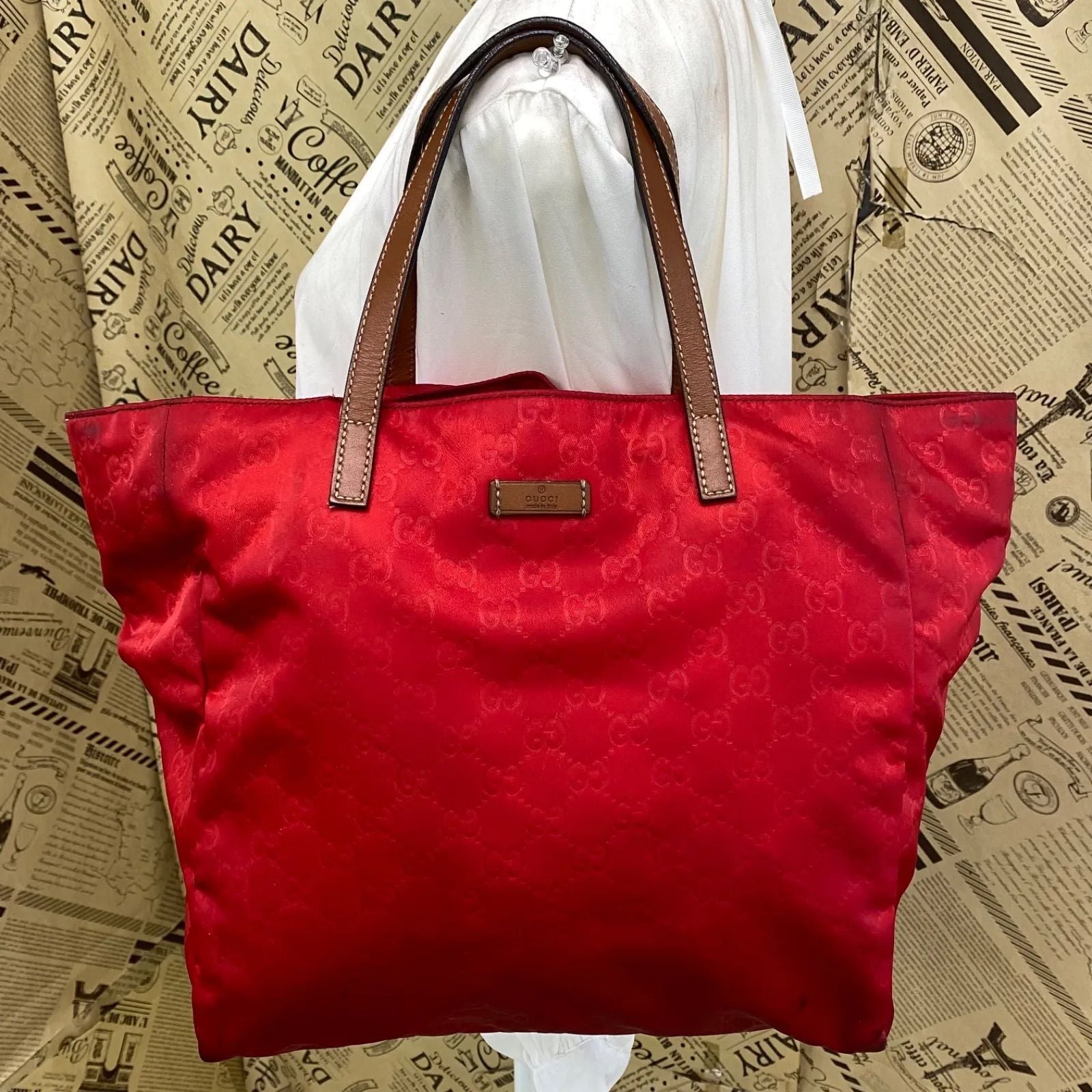 Gucci Hand Tote GG Nylon Business Travel Mothers Red
