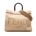 Fendi Sunshine Tote 2-Way Shoulder Bag Beige Brown Canvas Leather