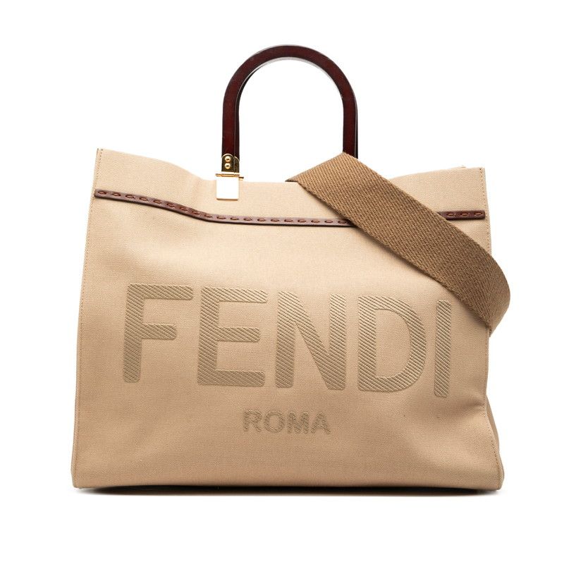 Fendi Sunshine Tote 2-Way Shoulder Bag Beige Brown Canvas Leather