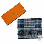 Hermes Echeque Au Roi Tartan Cashmere Ciel Blue Marine Celadon Logo Embroidery — view 2