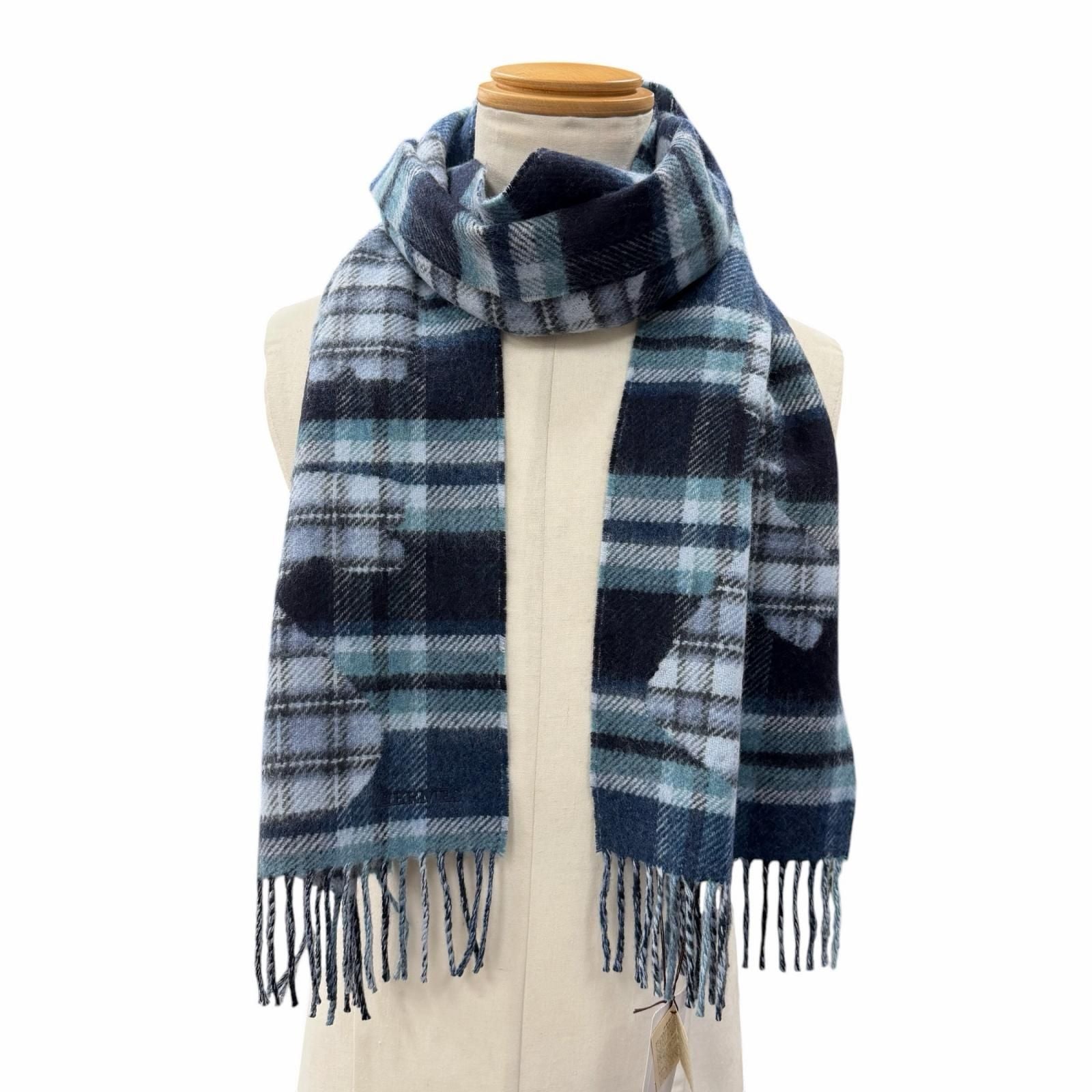 Hermes Echeque Au Roi Tartan Cashmere Ciel Blue Marine Celadon Logo Embroidery — view 3