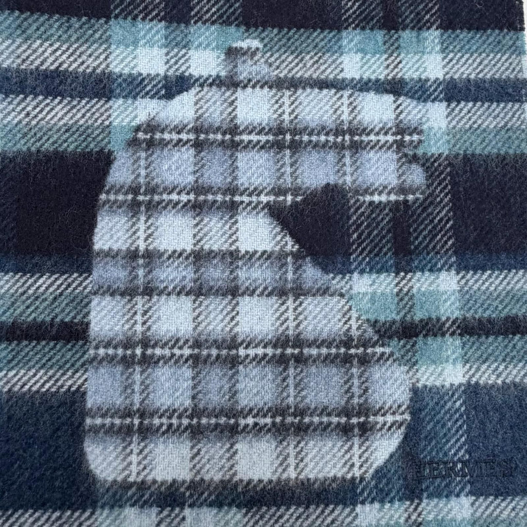 Hermes Echeque Au Roi Tartan Cashmere Ciel Blue Marine Celadon Logo Embroidery — view 7
