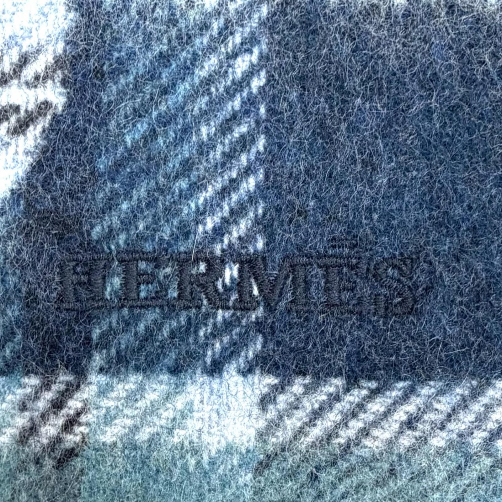 Hermes Echeque Au Roi Tartan Cashmere Ciel Blue Marine Celadon Logo Embroidery — view 6