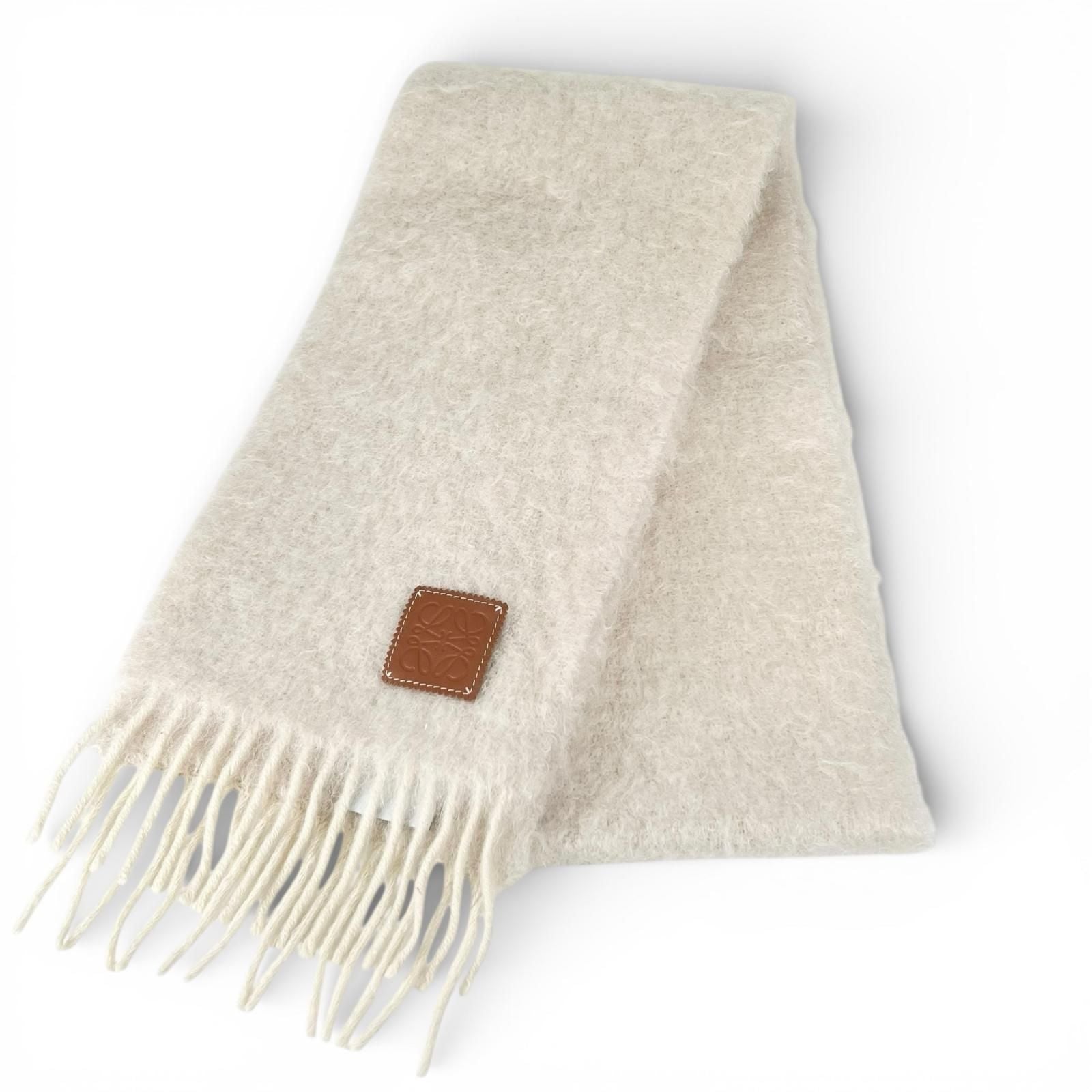 Loewe Mohair Wool Anag Lambskin Patch with Fringe Scarf White