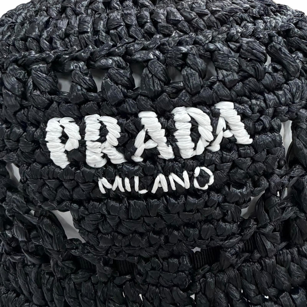 Prada Raffia Logo Letter Ring Crochet Bucket Hat Black Recommended — view 7