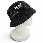 Prada Raffia Logo Letter Ring Crochet Bucket Hat Black Recommended — view 3