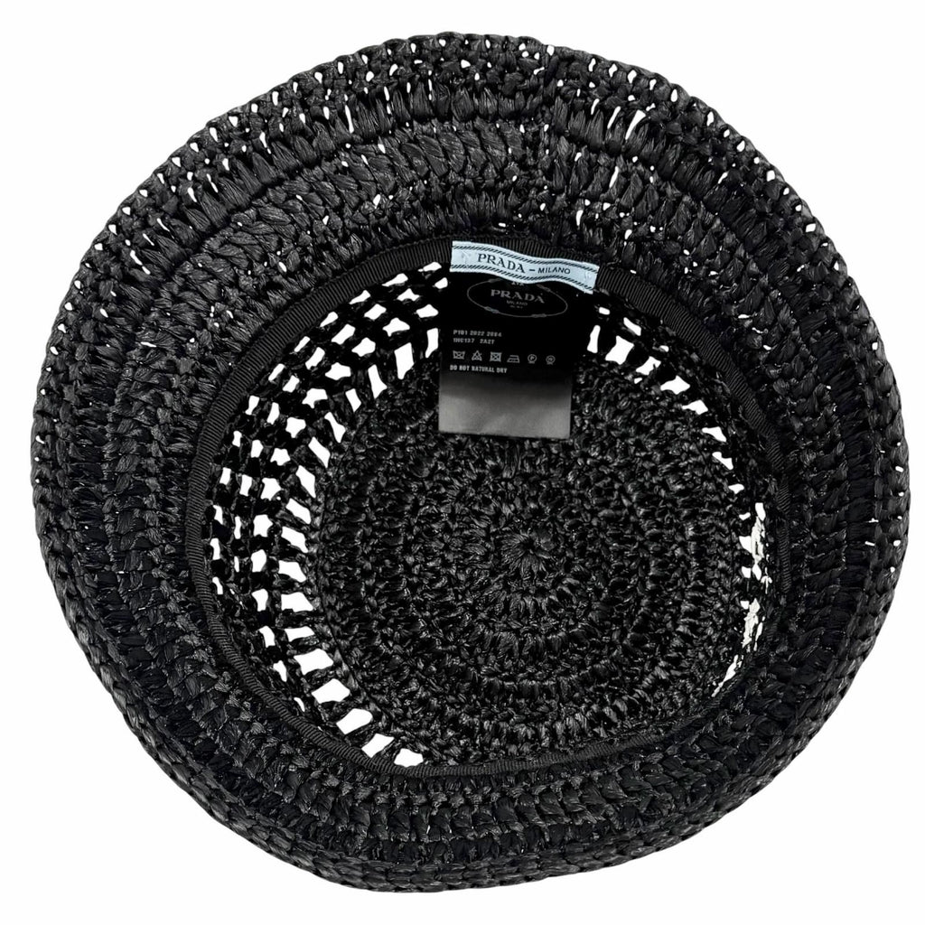 Prada Raffia Logo Letter Ring Crochet Bucket Hat Black Recommended — view 6