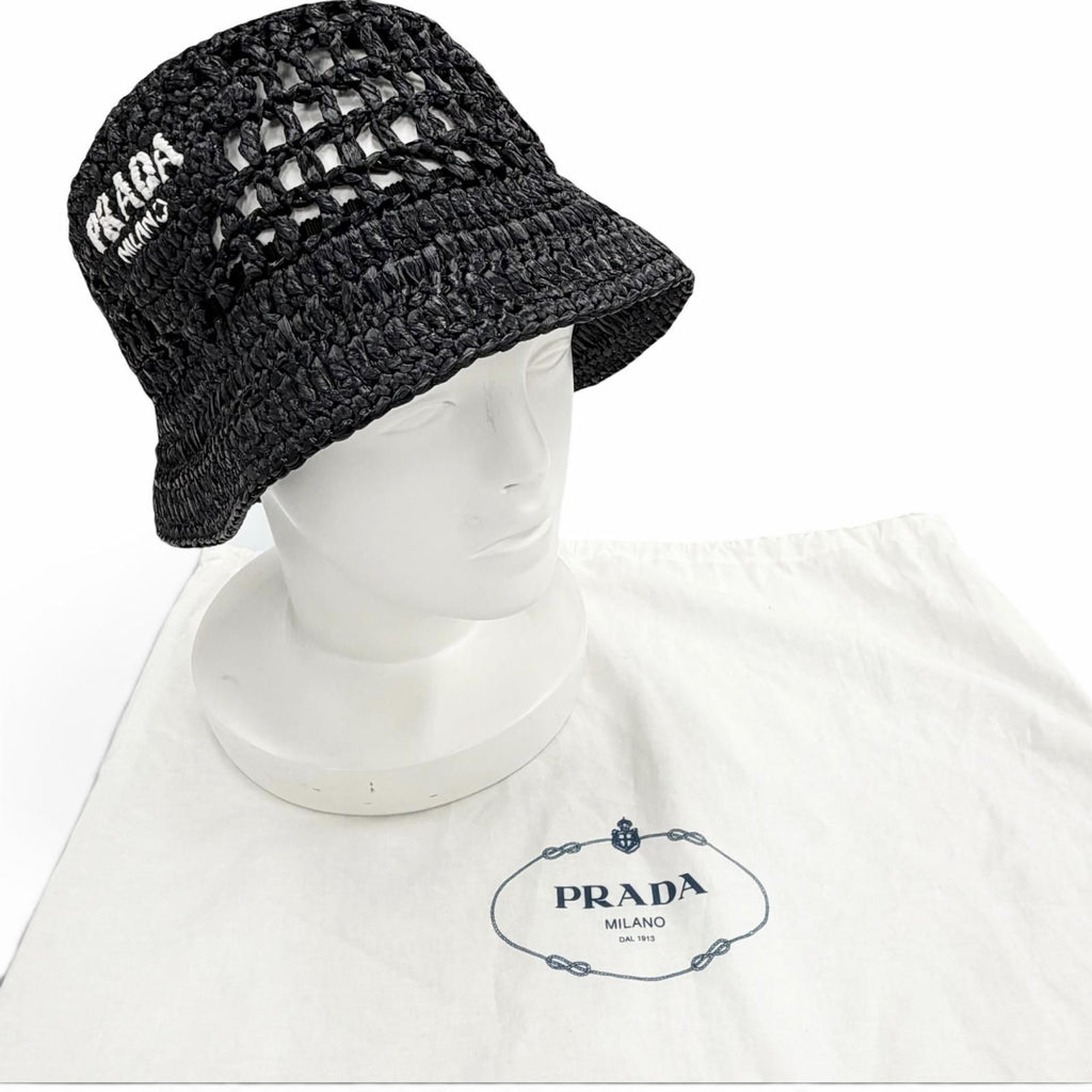 Prada Raffia Logo Letter Ring Crochet Bucket Hat Black Recommended — view 2
