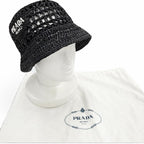 Prada Raffia Logo Letter Ring Crochet Bucket Hat Black Recommended — view 2
