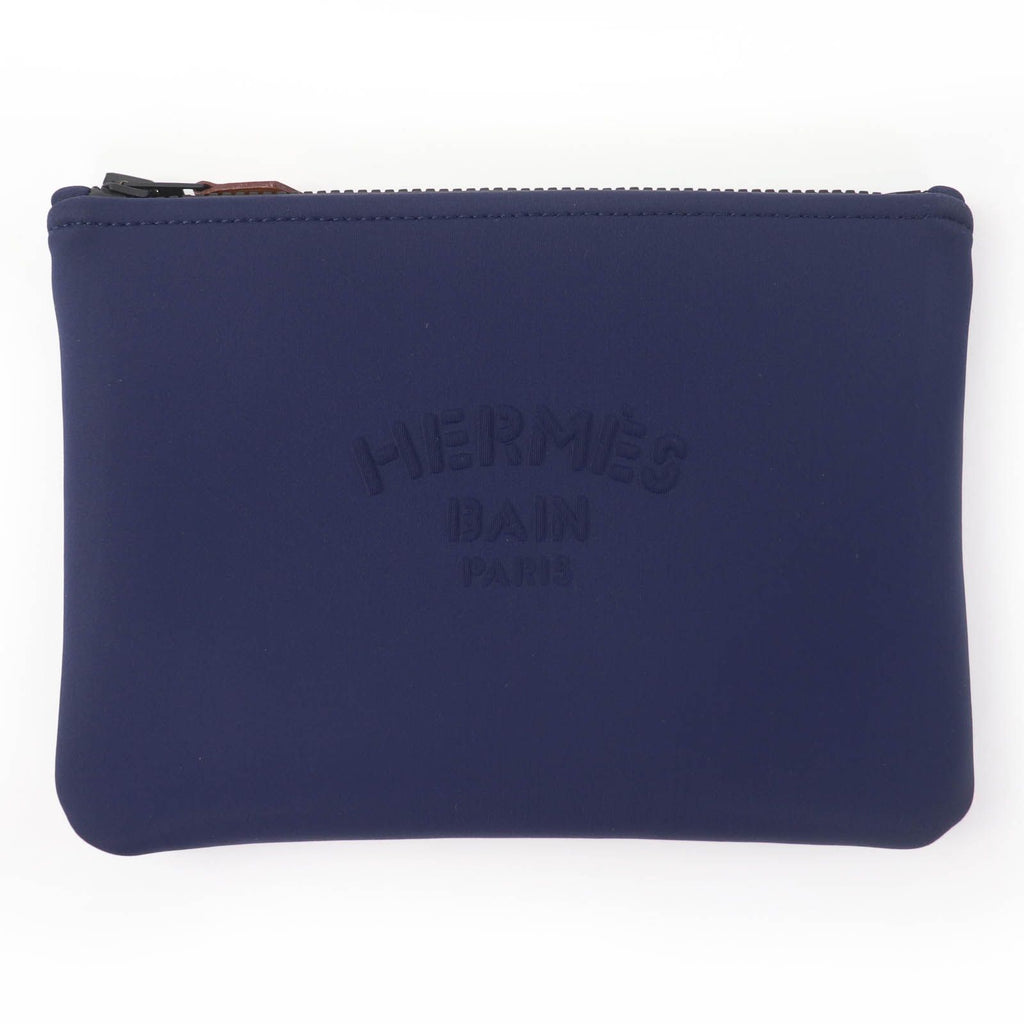 Hermes Trousse Flat PM Neobain Black Logo Zip Pouch Navy
