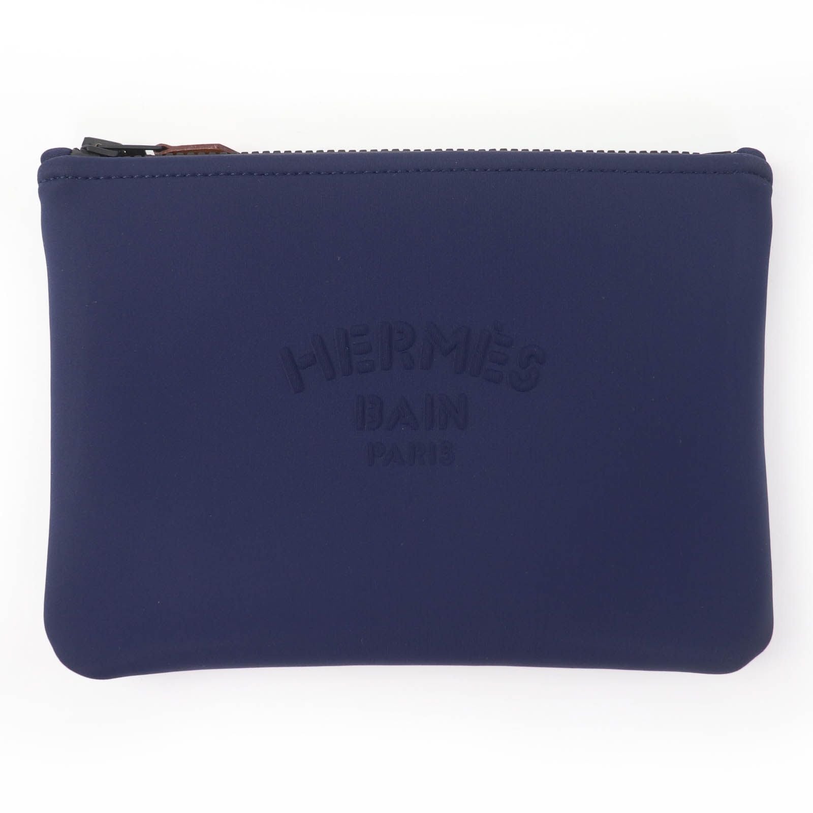 Hermes Trousse Flat PM Neobain Black Logo Zip Pouch Navy