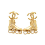 Chanel CC Logo Roller Skate Metal Rhinestone Faux Pearl Gold Earrings