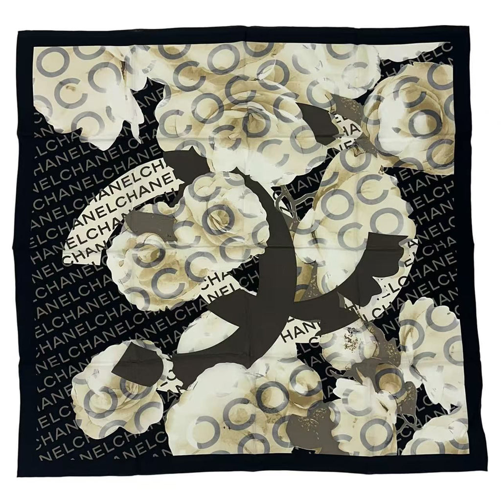 Chanel Scarf Camellia Logo Silk Black