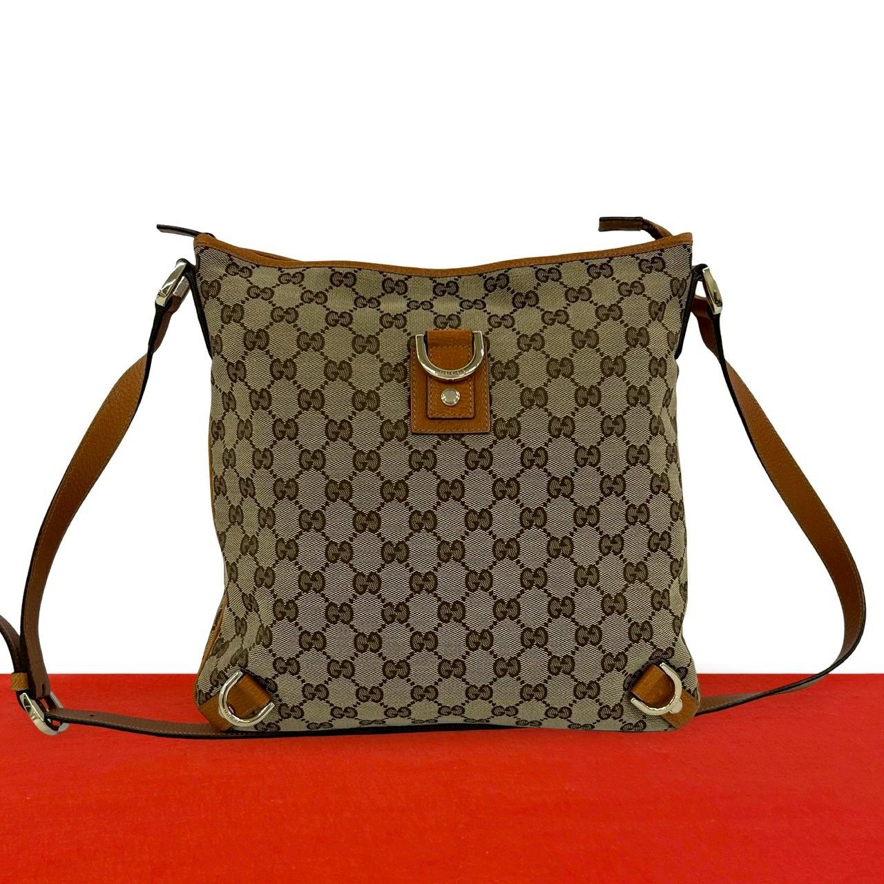 Gucci GG Logo Canvas Leather Shoulder Bag Mini Tote Crossbody Brown