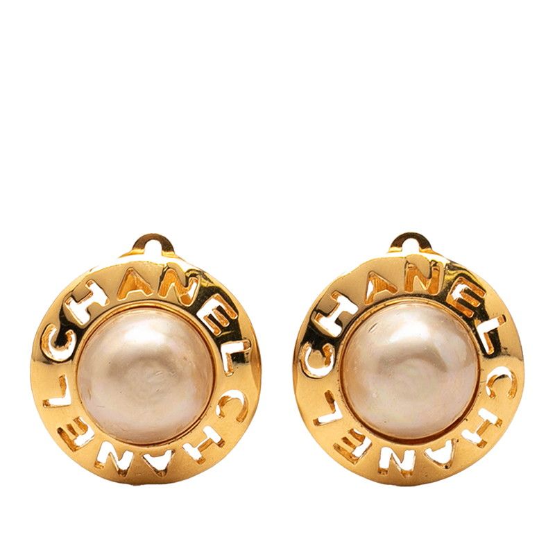 Chanel Logo Earrings Gold Plated Faux Pearl