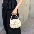 Chanel CC Logo Bubble Quilt Chain Shoulder Bag Crossbody Cream Cotton Vintage — view 3